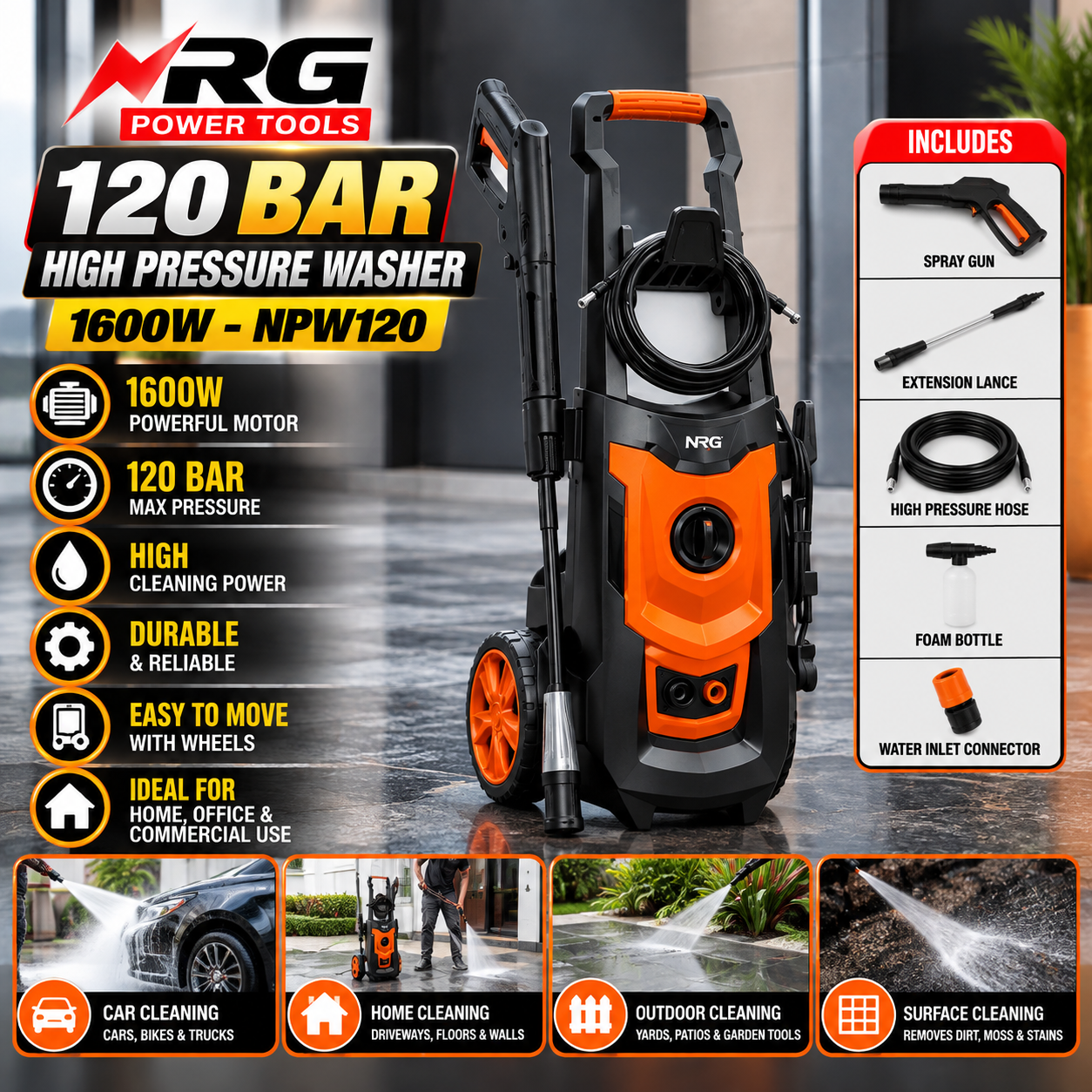 NRG 120 Bar High Pressure Washer 1600W - NPW120